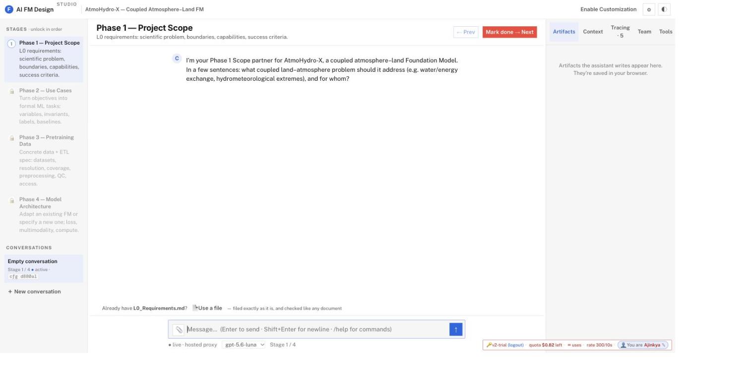 A design open at its first stage: the stage rail, the assistant's opening question, and the panels for documents, context, tracing and the team.